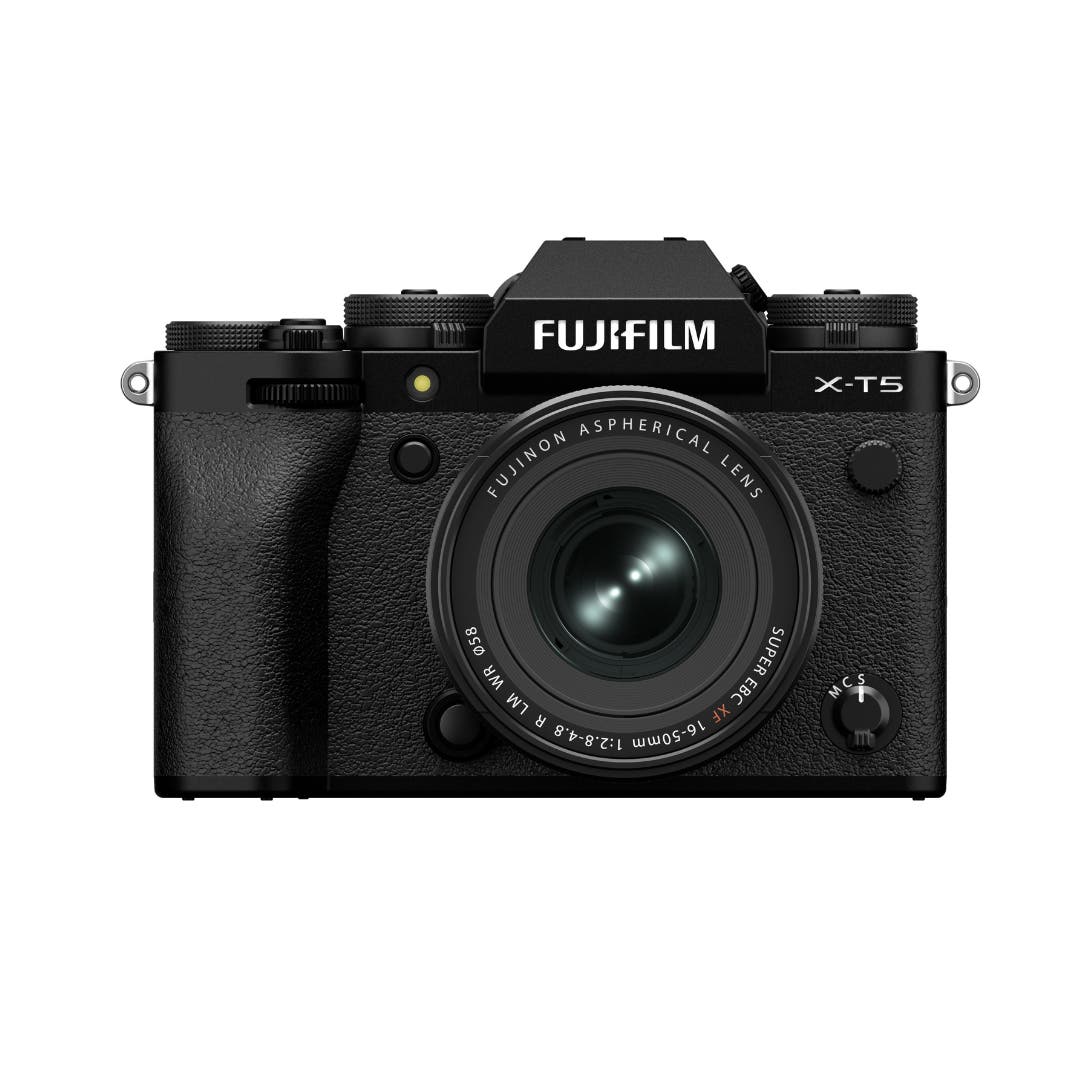 FujiFilm X-T5 black mirrorless camera with XF16-50mm lens attached