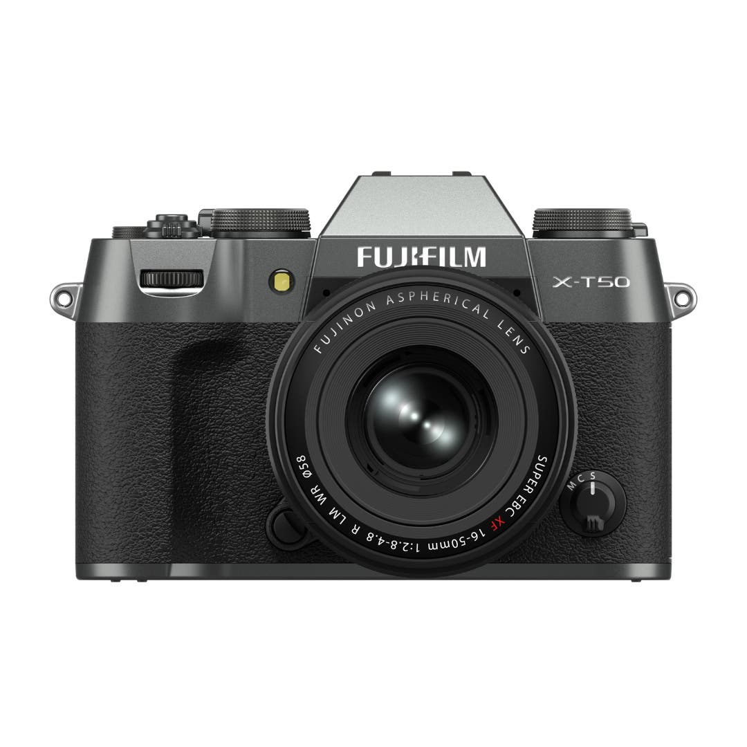 FujiFilm X-T50 charcoal silver mirrorless camera with XF16-50mm lens attached
