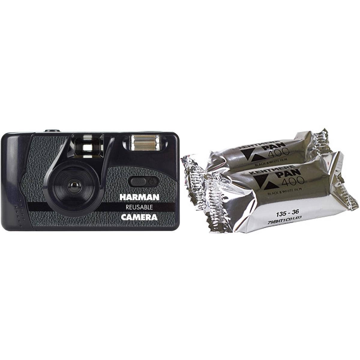 Harman Reusable 35mm film camera with flash and 2 rolls of Kentmere Pan 400 film.