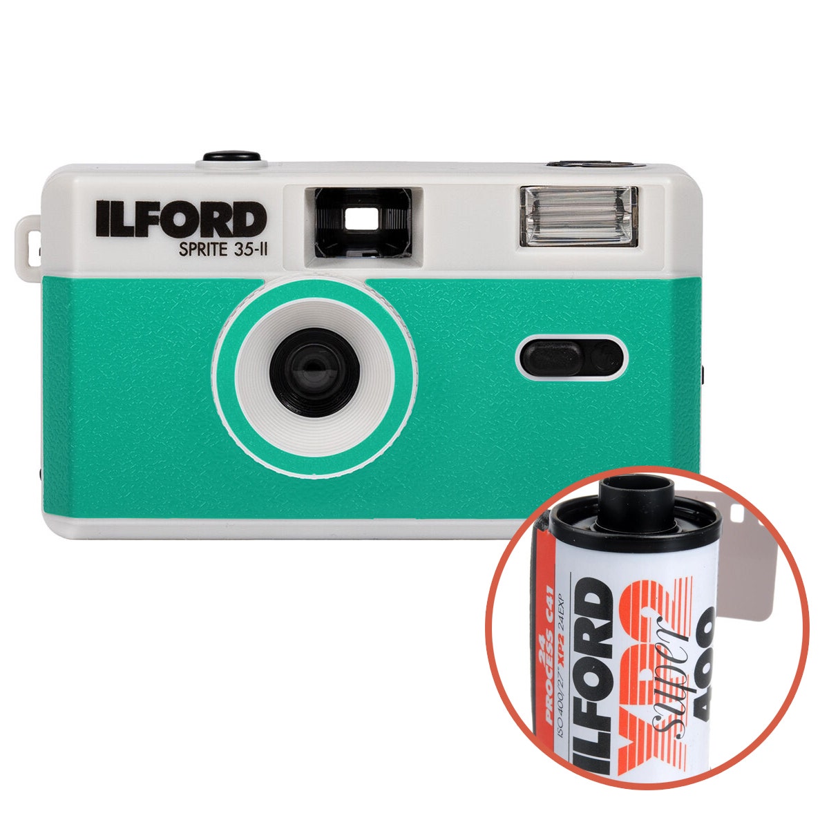 Ilford Sprite 35-II reusable camera in Silver and Teal with Ilford XP2 24 film