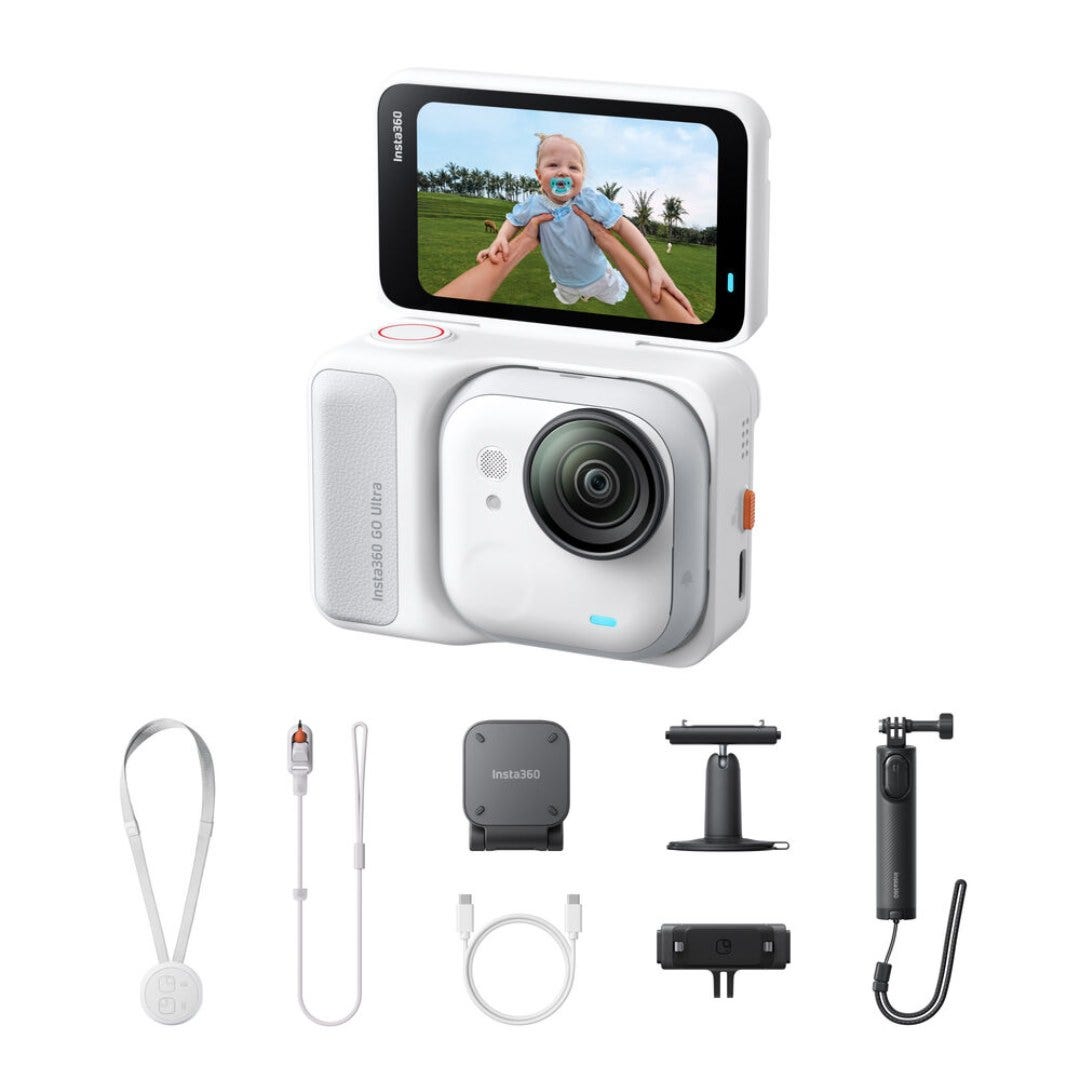 Insta360 GO ULTRA Creator Bundle action camera in white with tripod and stand