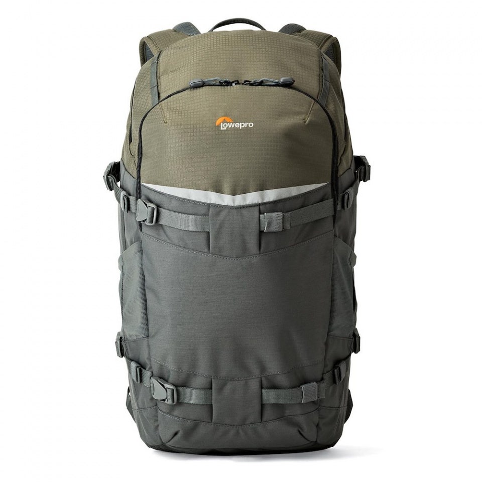 Lowepro Flipside Trek BP 450 AW backpack in grey and dark green.