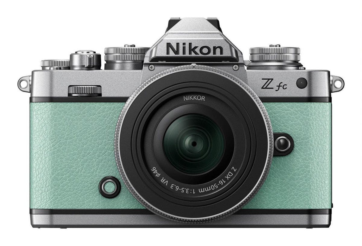Nikon Z fc mirrorless camera in mint green with 16-50mm lens