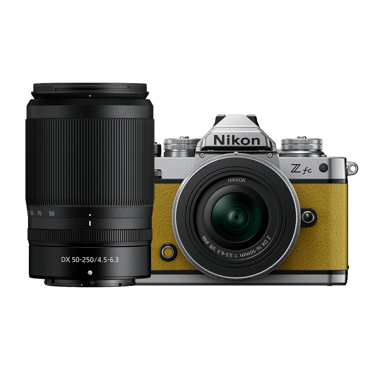 Nikon Z fc Mustard Yellow mirrorless camera with two Nikkor Z zoom lenses