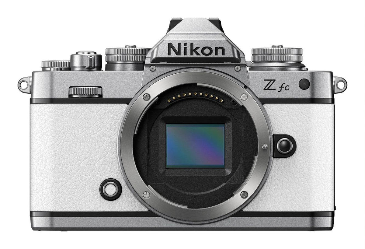Nikon Z fc mirrorless camera in white with Nikkor Z 28mm lens