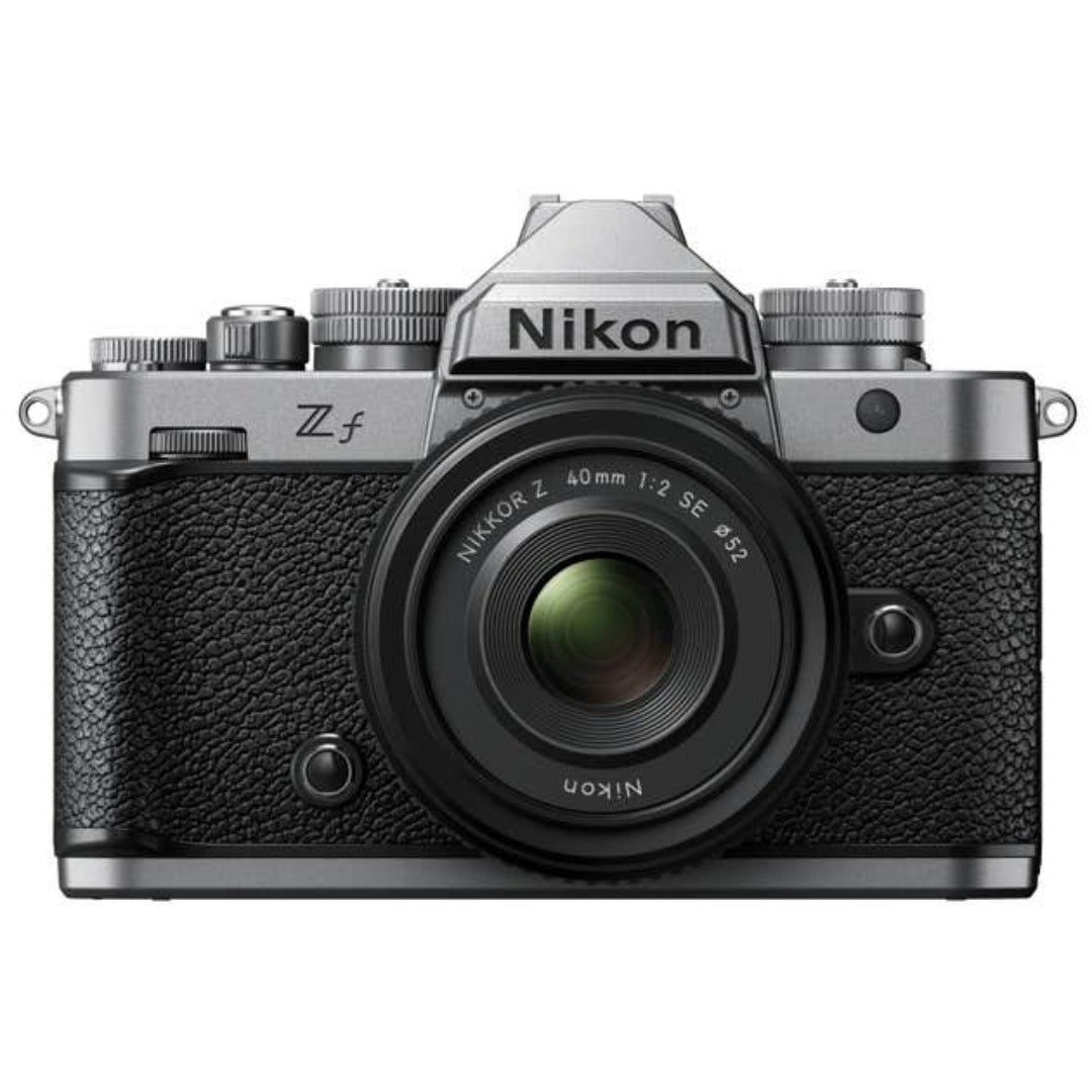 Nikon Zf full frame mirrorless camera in silver with Nikkor Z 40mm f/2 lens