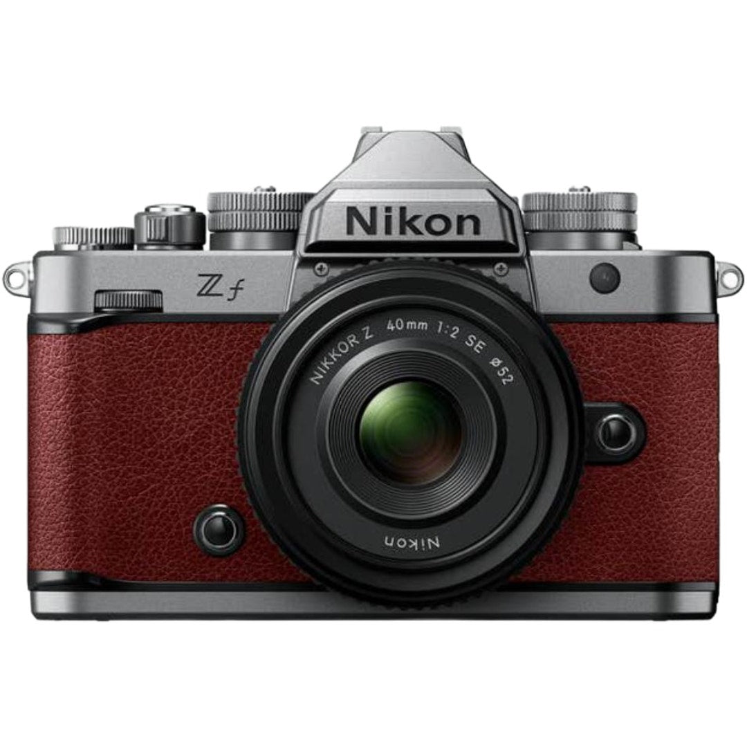 Nikon Zf full frame mirrorless camera in bordeaux red with Nikkor Z 40mm f/2 SE lens