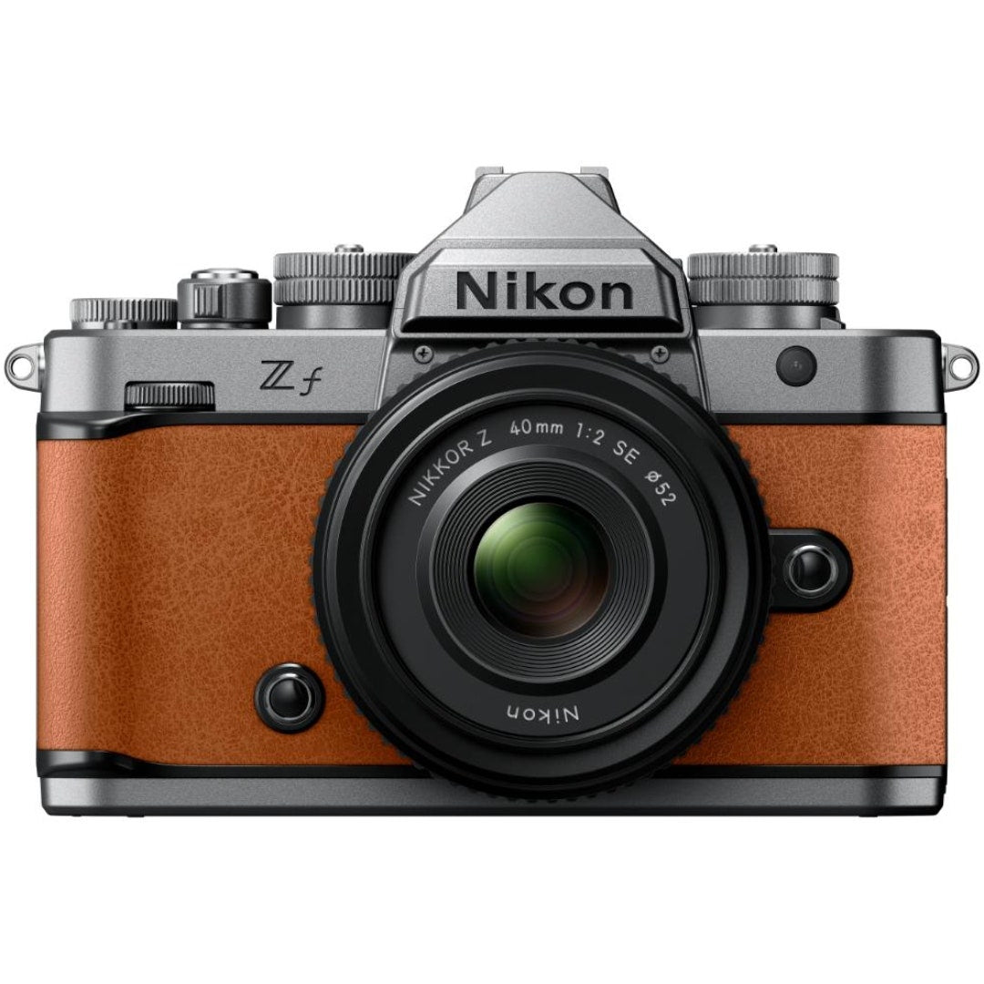 Nikon Zf full frame mirrorless camera in cognac brown with Nikkor Z 40mm f/2 SE lens