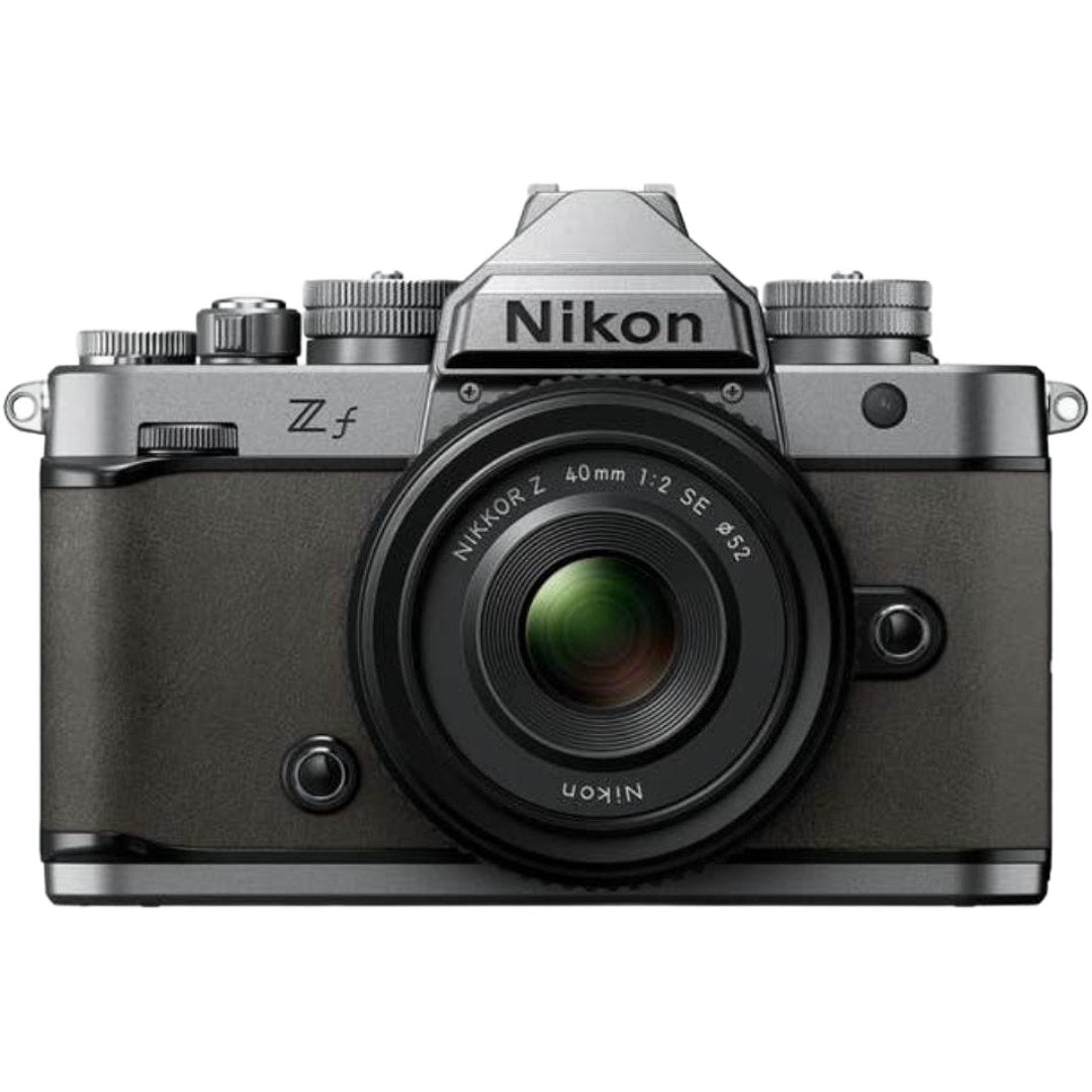 Nikon Zf full frame mirrorless camera in stone grey with Nikkor Z 40mm f/2 SE lens