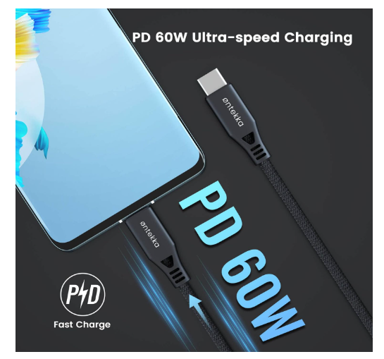 Ontekka USB-C to USB-C Cable Grey 1.2m Length - additional product view