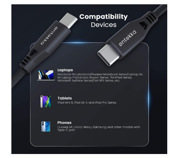 Ontekka USB-C to USB-C Cable Grey 1.2m Length - additional product view