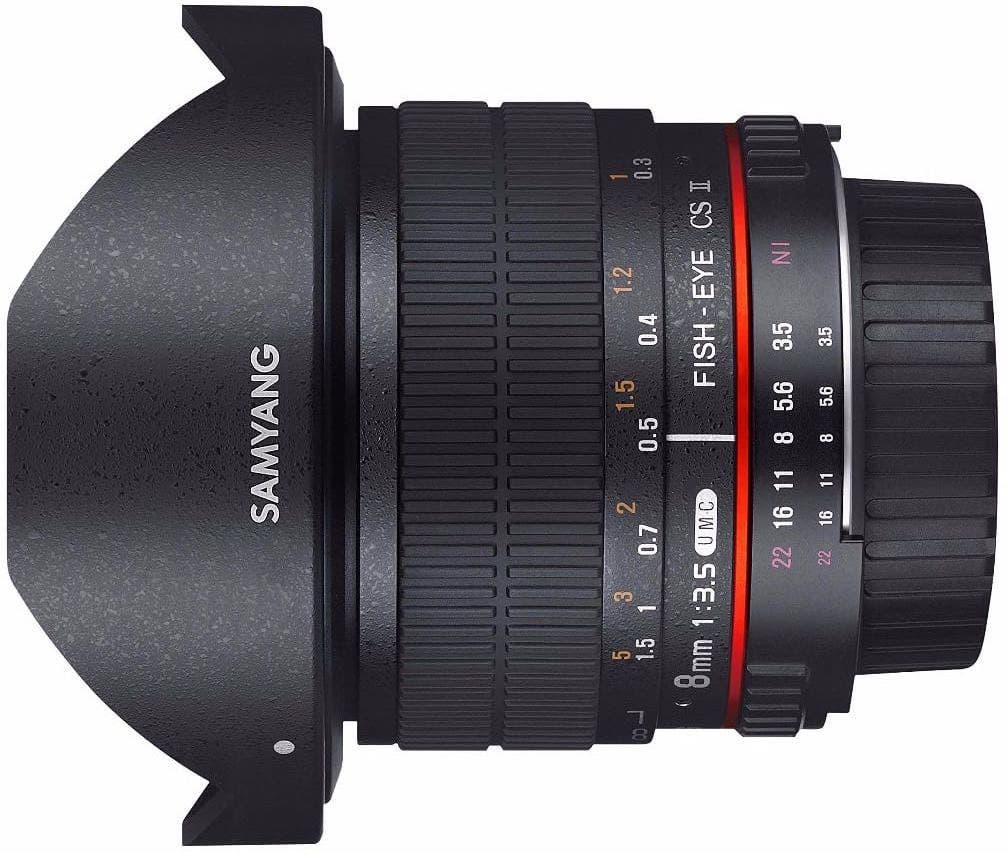 Samyang 8mm f/3.5 Fisheye UMC II lens, Canon EF mount.
