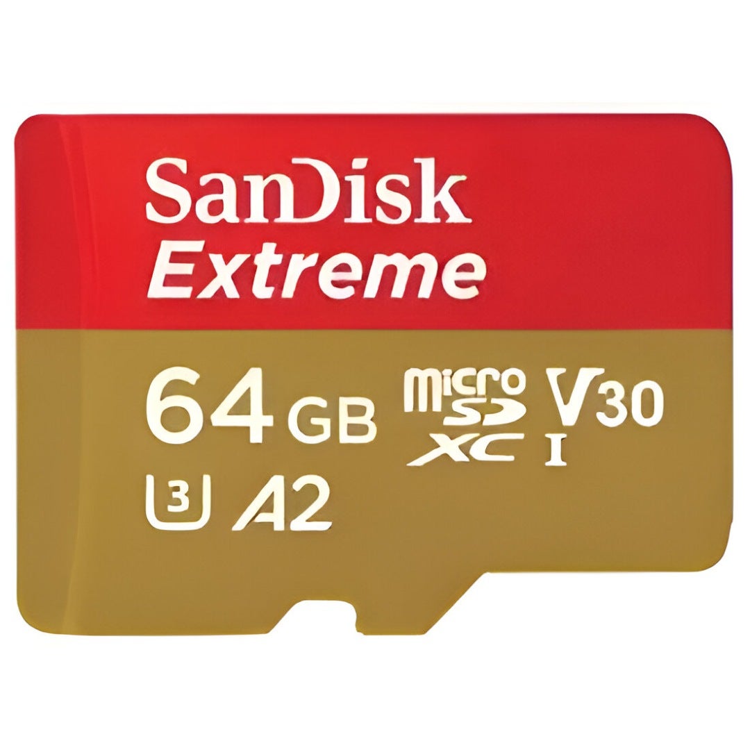 SanDisk Extreme MicroSDXC 64GB memory card with adapter.