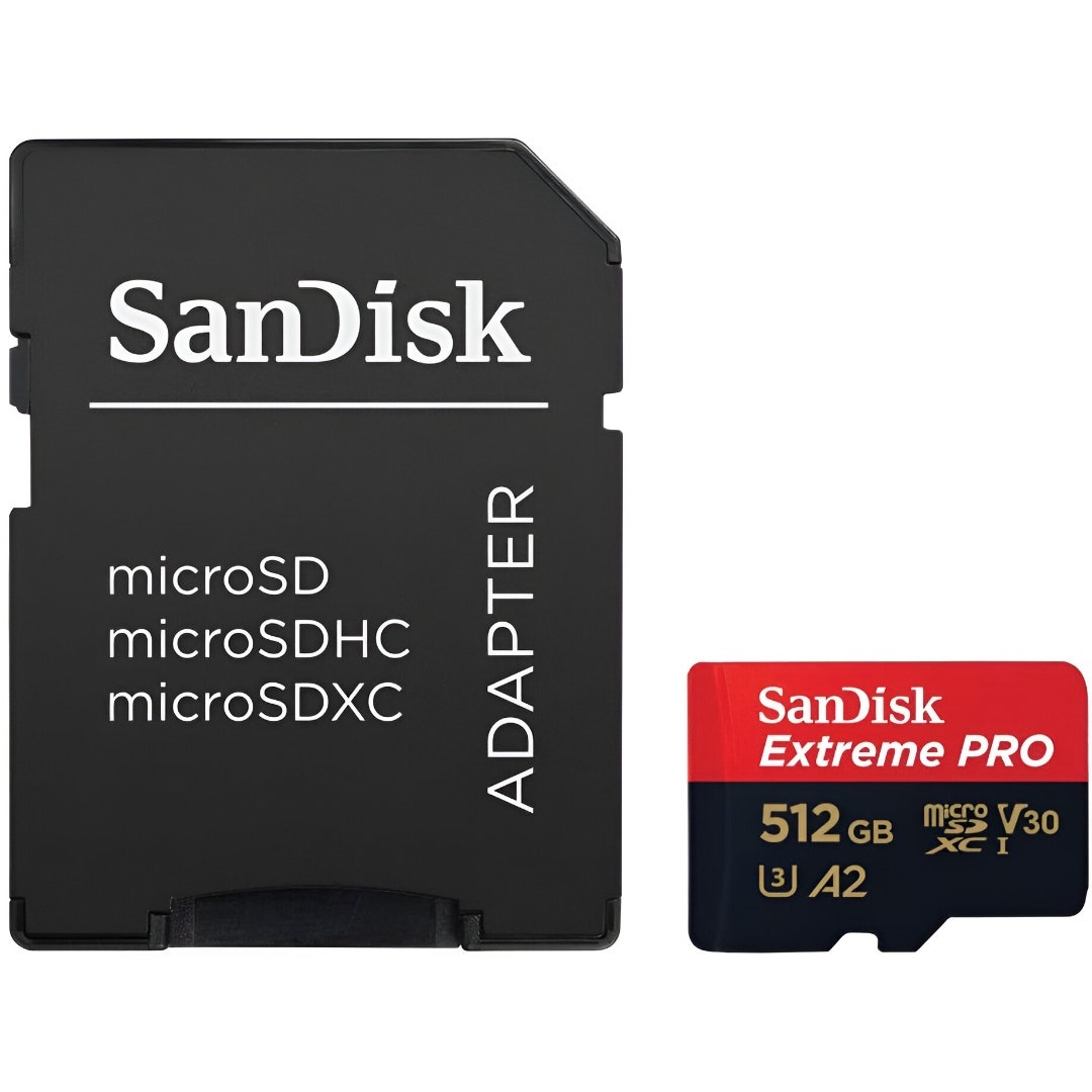 SanDisk Extreme Pro MicroSDXC 512GB memory card with adapter.