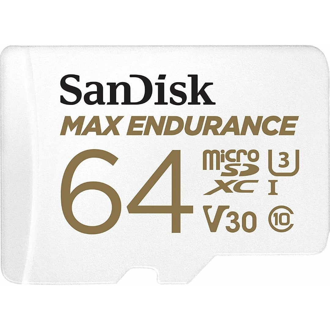 SanDisk MAX ENDURANCE 64GB microSD memory card with adapter.