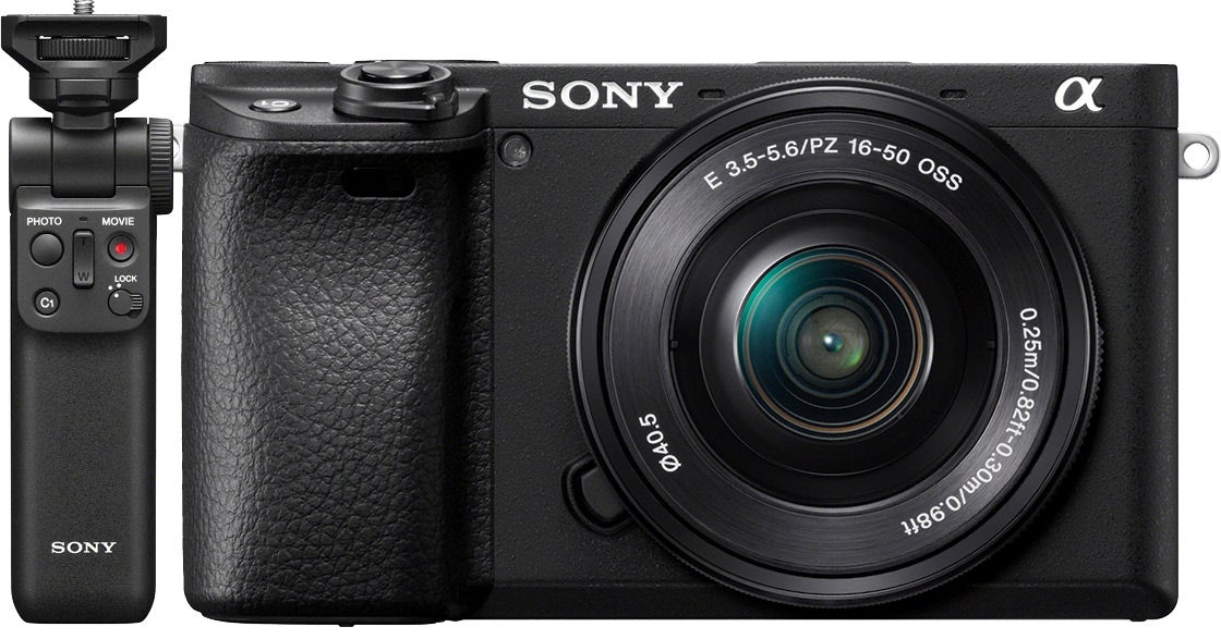 Sony Alpha A6400 mirrorless camera with 16-50mm lens and Bluetooth grip