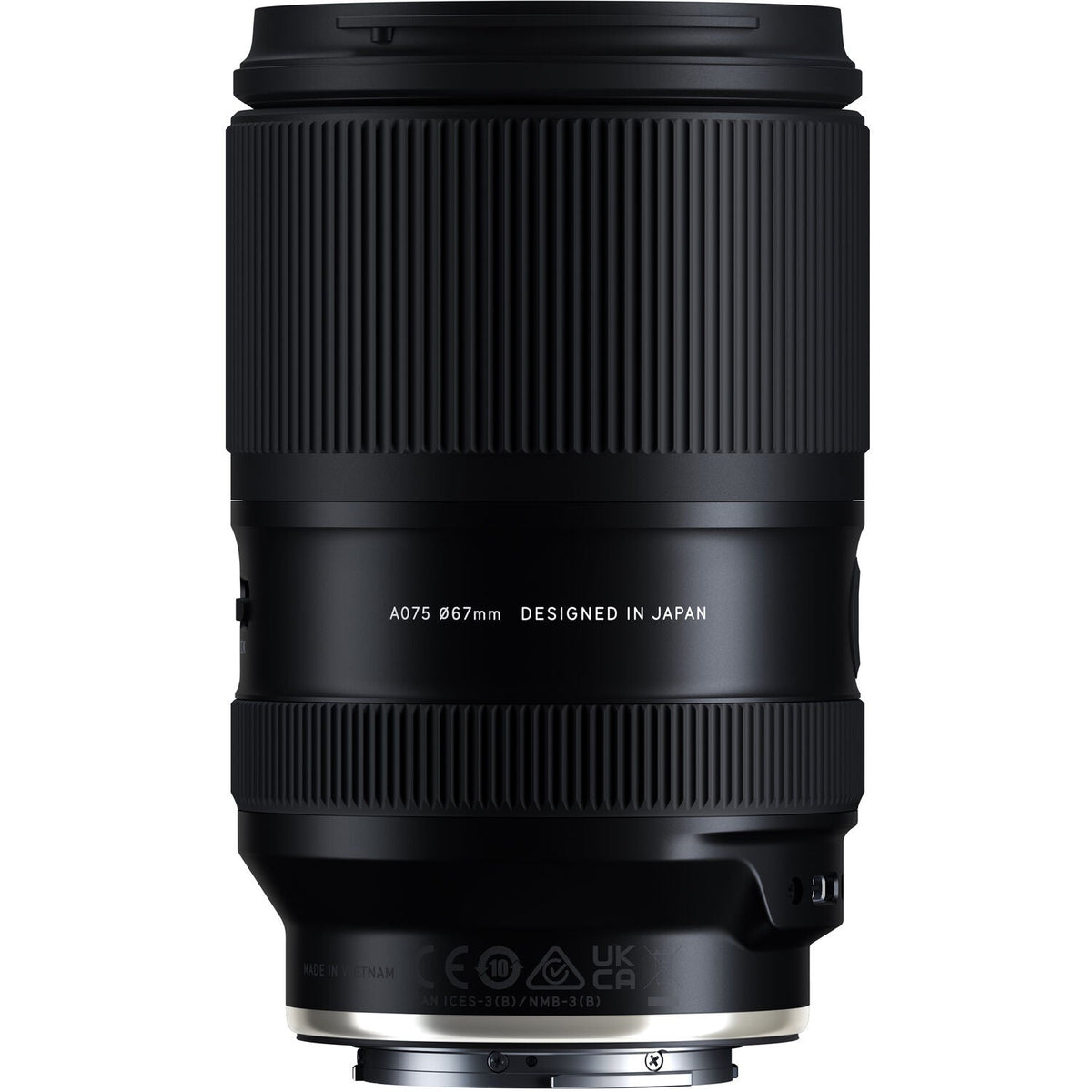 Black Tamron 25-200mm lens standing upright, front three-quarter view, on a white background