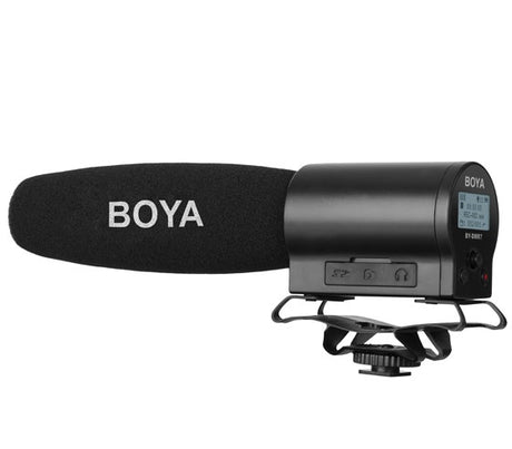 Boya BY-DMR7 shotgun microphone with integrated flash recorder.