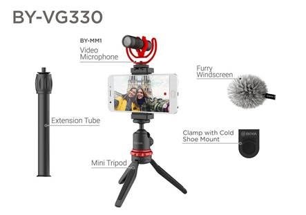 Boya BY-VG330 vlogging kit with mini tripod, microphone and cold shoe mount