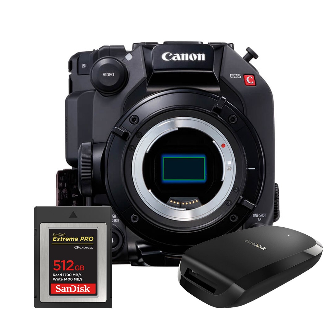 Canon C300 Mark III compact cinema EOS camera with CFExpress card and reader