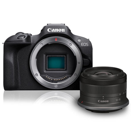Canon EOS R100 with RF-S 18-45mm lens compact system camera