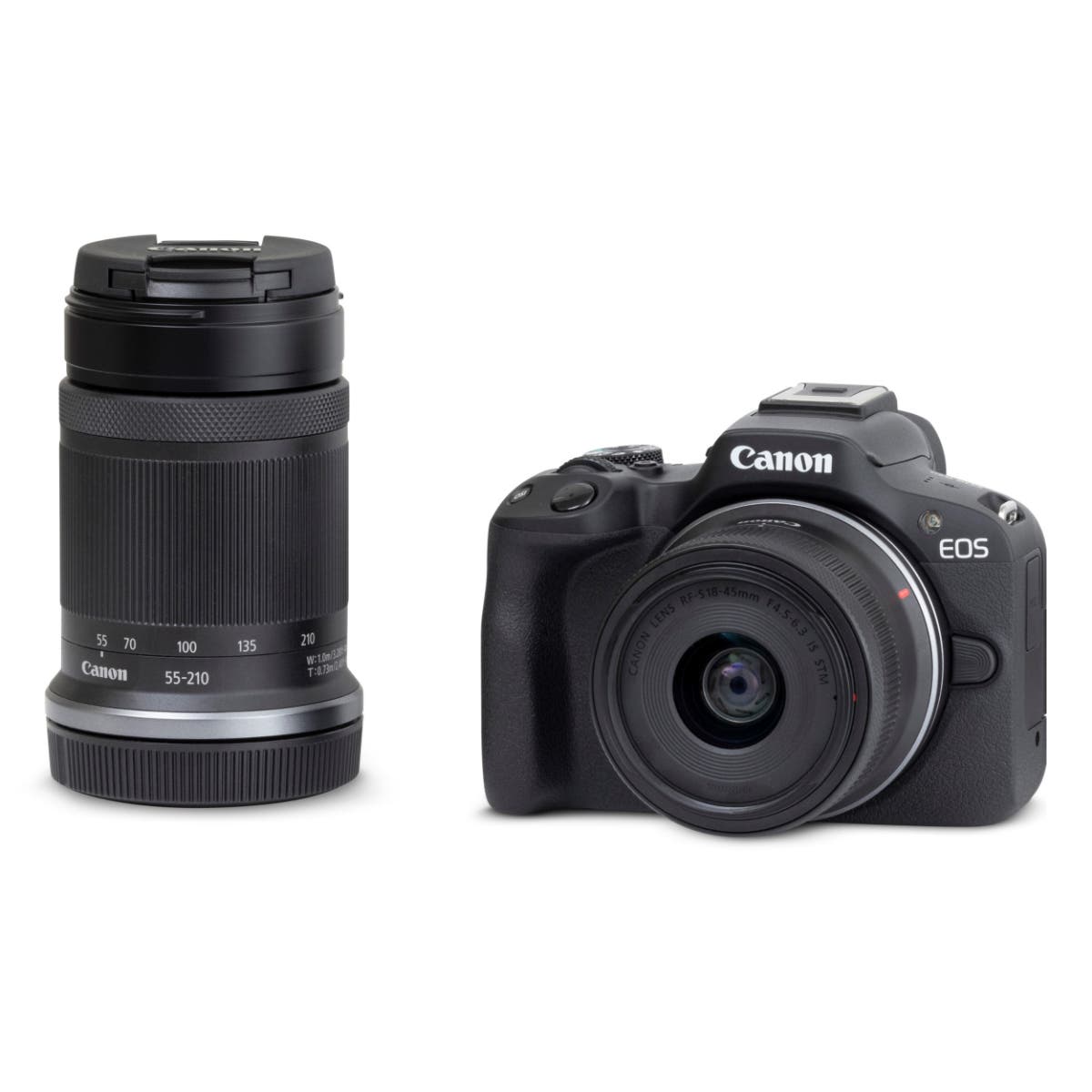 Canon EOS R50 mirrorless camera with RF-S 18-45STM and RF-S 55-210IS STM lenses.