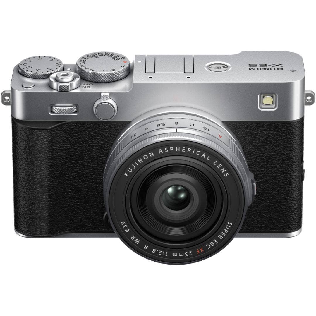 FujiFilm X-E5 silver mirrorless camera with XF 23mm f/2.8 R WR lens