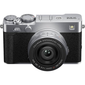 FujiFilm X-E5 silver mirrorless camera with XF 23mm f/2.8 R WR lens