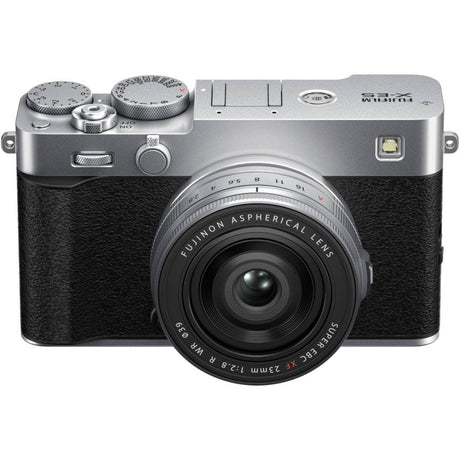 FujiFilm X-E5 silver mirrorless camera with XF 23mm f/2.8 R WR lens