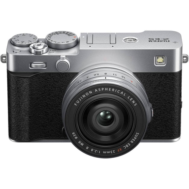 FujiFilm X-E5 silver mirrorless camera with XF 23mm f/2.8 R WR lens