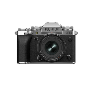 FujiFilm X-T5 silver mirrorless camera with XF16-50mm lens attached