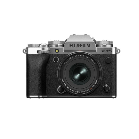 FujiFilm X-T5 silver mirrorless camera with XF16-50mm lens attached
