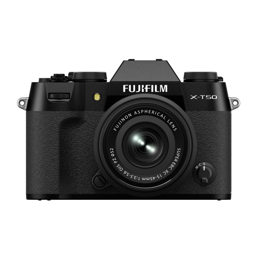 FujiFilm X-T50 black mirrorless camera with XC15-45mm lens attached