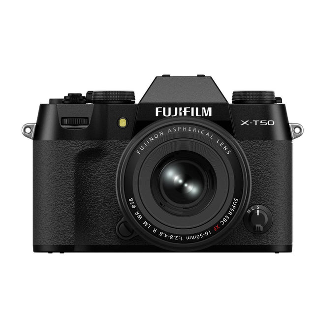 FujiFilm X-T50 black mirrorless camera with XF16-50mm lens attached