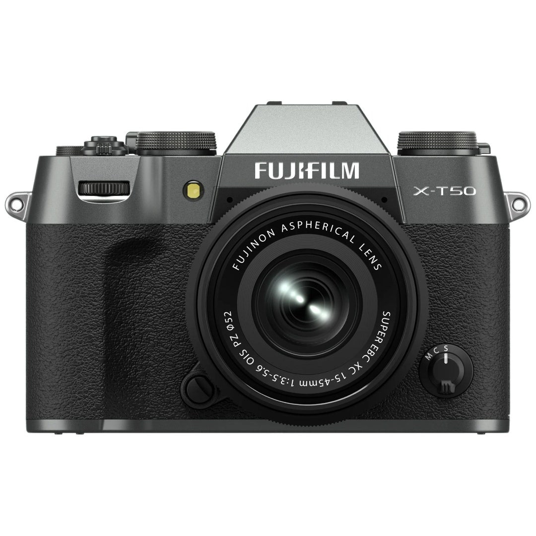 FujiFilm X-T50 charcoal silver mirrorless camera with XC15-45mm lens attached
