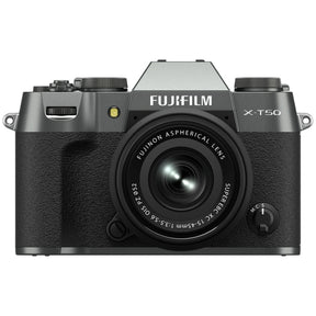 FujiFilm X-T50 charcoal silver mirrorless camera with XC15-45mm lens attached