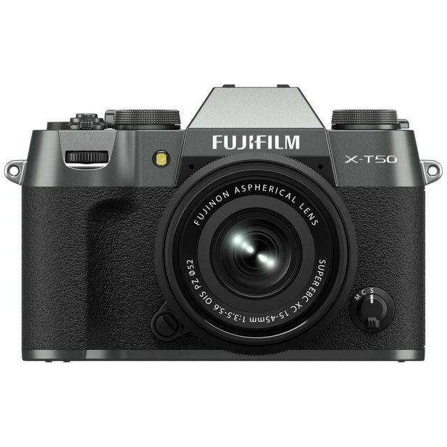FujiFilm X-T50 charcoal silver mirrorless camera with XC15-45mm lens attached