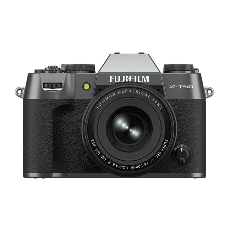 FujiFilm X-T50 charcoal silver mirrorless camera with XF16-50mm lens attached