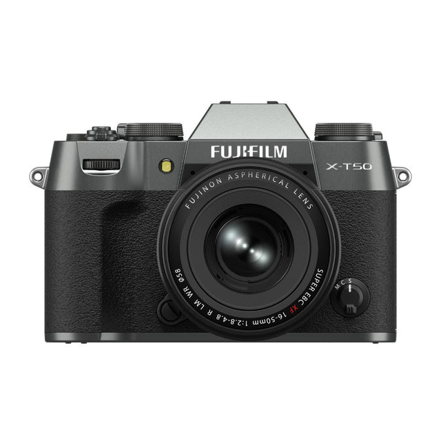 FujiFilm X-T50 charcoal silver mirrorless camera with XF16-50mm lens attached