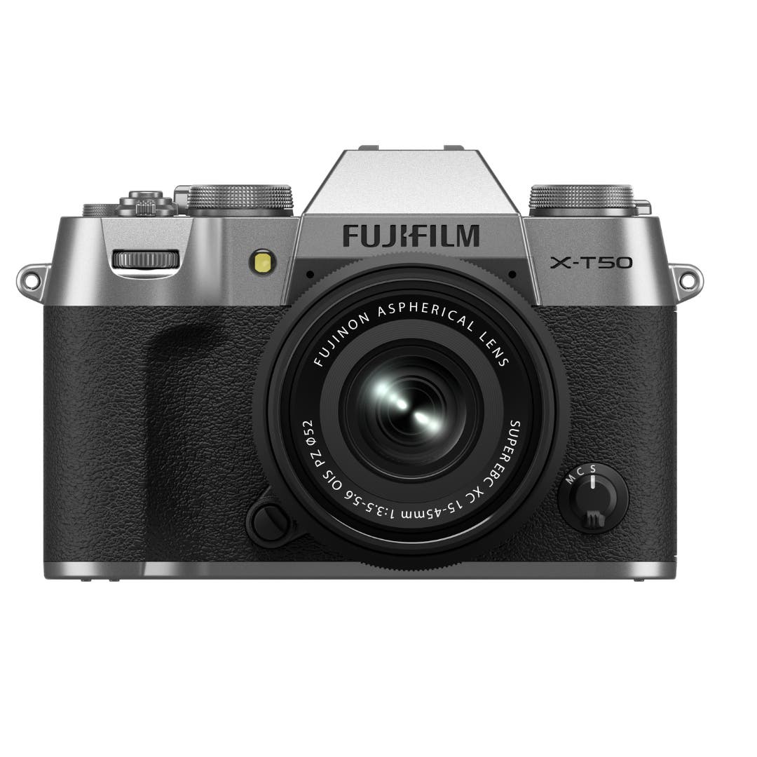 FujiFilm X-T50 silver mirrorless camera with XC15-45mm lens attached