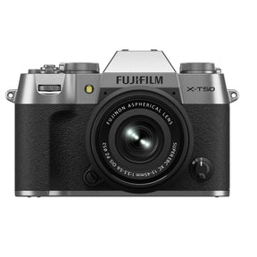 FujiFilm X-T50 silver mirrorless camera with XC15-45mm lens attached