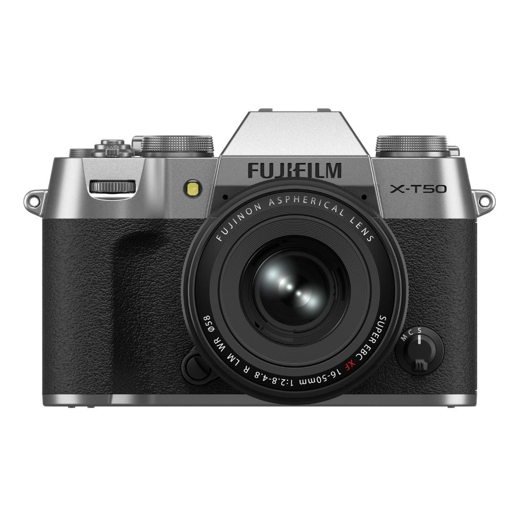 FujiFilm X-T50 silver mirrorless camera with XF16-50mm lens attached