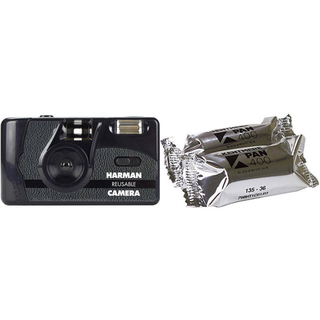 Harman Reusable 35mm film camera with flash and 2 rolls of Kentmere Pan 400 film.