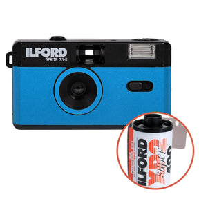 Ilford Sprite 35-II reusable camera in Black and Blue with Ilford XP2 24 film