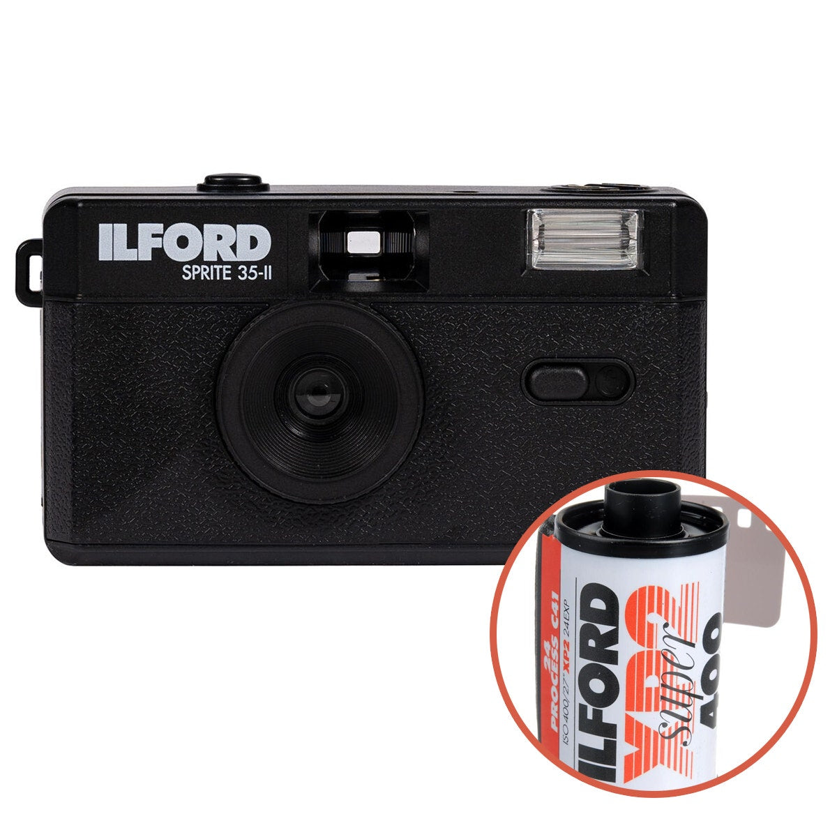 Ilford Sprite 35-II reusable camera in Classic Black with Ilford XP2 24 film