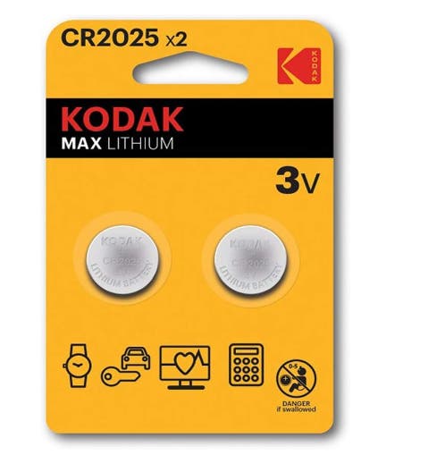 Kodak MAX CR2025 3V lithium battery, 2 pack