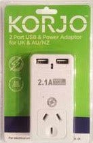 Korjo 2 port USB power adaptor, UK and Aus