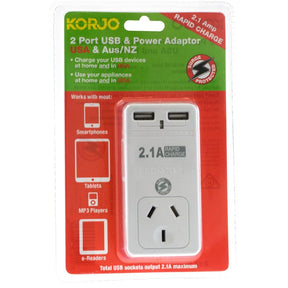Korjo 2 Port USB Power Adaptor for USA and Australia