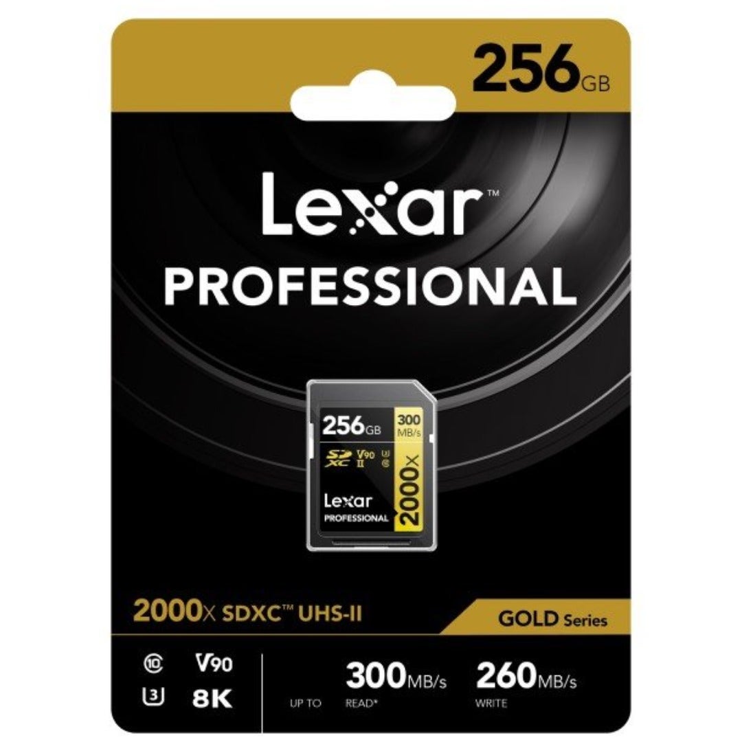 Lexar Professional 2000x SDXC 256GB memory card.