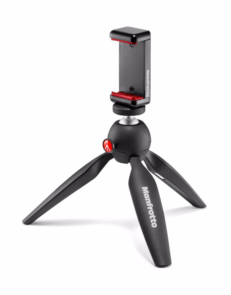 Manfrotto Mini Pixi black tripod with smartphone clamp
